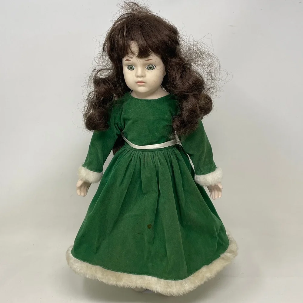 Vintage Porcelain Doll Green Velvet Christmas Dress Brunette Green Eyes Stand
